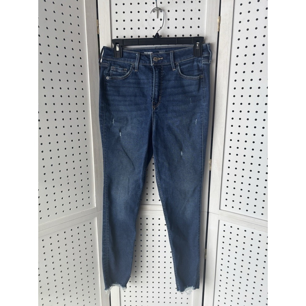 Old Navy Women's 6 High Rise Rockstar Super Skinny Blue Denim Jeans Raw Hem